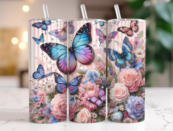20oz Butterfly Garden Floral Tumbler PNG: Graphics & Tumbler Wraps