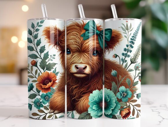 Brown Highland Cow 20oz Tumbler Wrap PNG