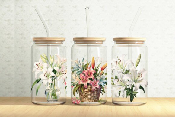 Lilies 16oz Glass Can Tumbler Wrap Graphics
