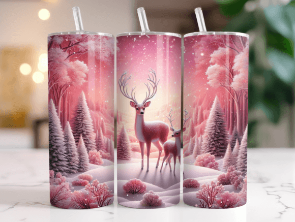 Pink Snowy Deer Christmas Tumbler Wrap Graphics
