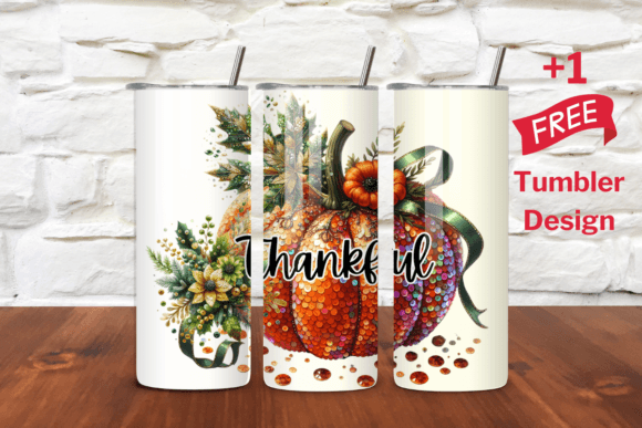 Thankful Sequined Pumpkin Tumbler Wrap Graphics